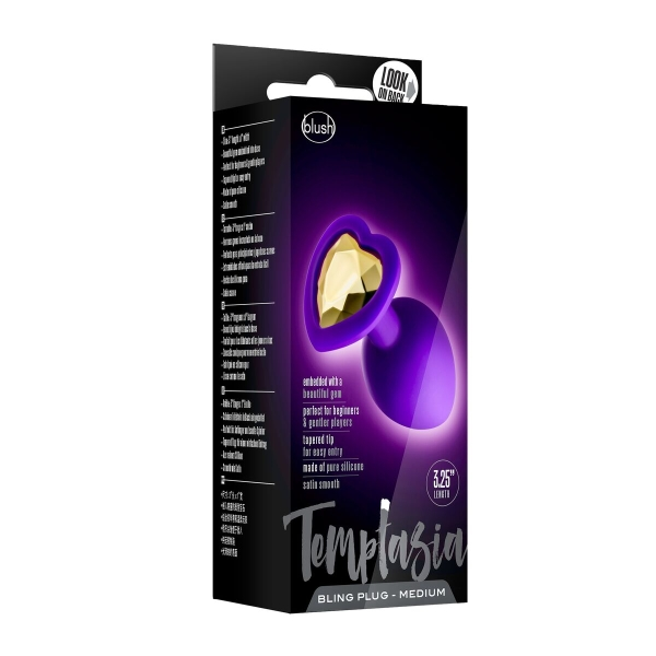 Temptasia Bling Plug Medium com base em formato de coração e cristal dourado, feito em silicone Puria™ com acabamento Ultrasilk™.