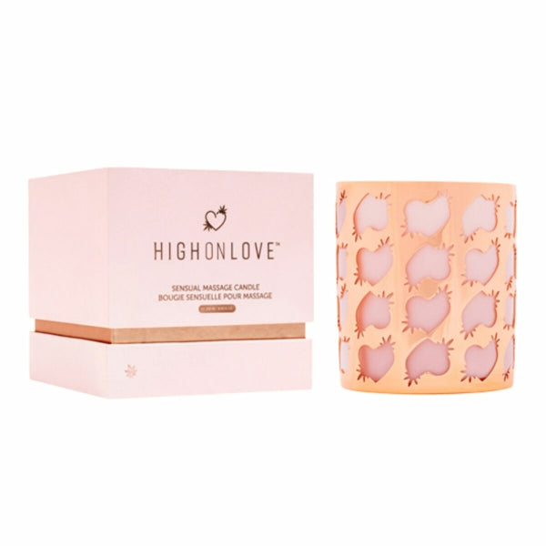 Vela de massagem HighOnLove® em recipiente elegante, com óleo de cânhamo e aroma de rosa.