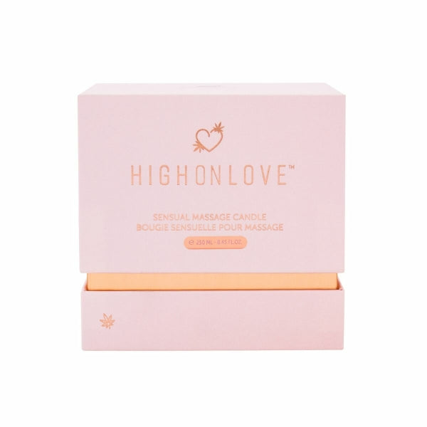 Vela de massagem HighOnLove® em recipiente elegante, com óleo de cânhamo e aroma de rosa.