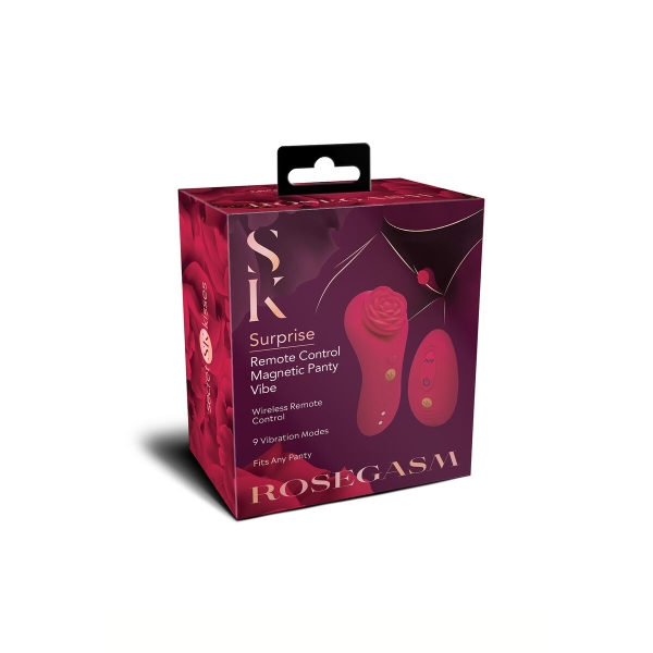 Vibrador Secret Kisses RoseGasm Rouge com fixação magnética, controle remoto sem fio e 10 modos de vibração.