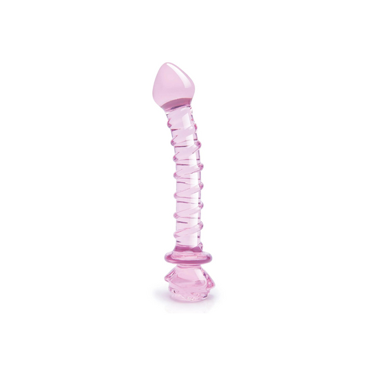 Dildo de vidro Glaze Spiral com textura espiralada e curvatura ergonómica para estimulação intensa do Ponto G, feito em vidro borossilicato seguro e compatível com variações térmicas.