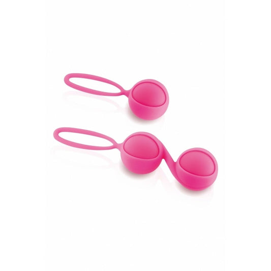 Set de bolas Kegel Geisha Love em silicone rosa, incluindo uma bola solo e um par de bolas duplas.