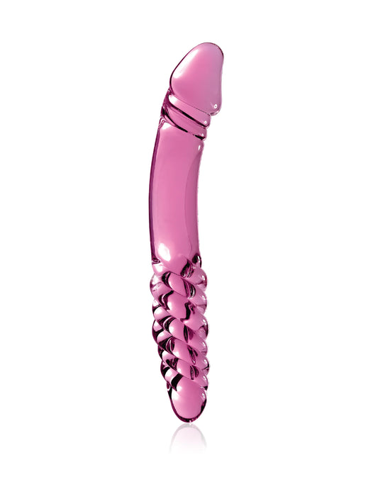 Dildo de vidro Icicles Nº57 com duas extremidades: uma ponta bulbosa para estimulação intensa e uma textura em espiral para arrepios de prazer, feito em vidro borossilicato compatível com variações térmicas.