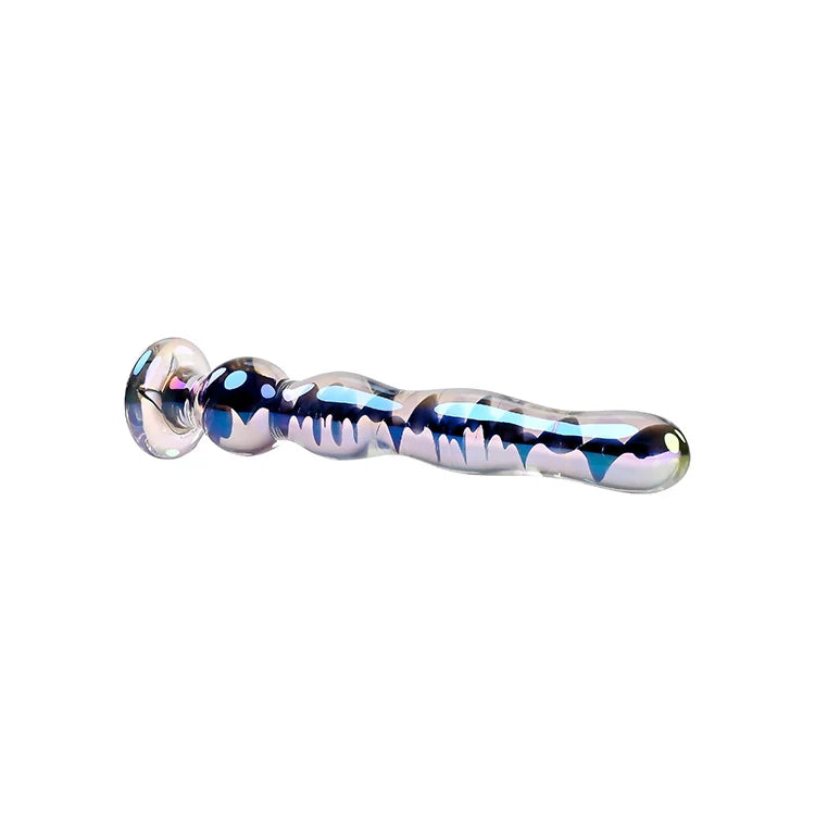 Dildo de vidro Playboy Pleasure Jewels Wand com textura graduada, acabamento iridescente e base Rabbit Head para segurança e sofisticação no prazer.