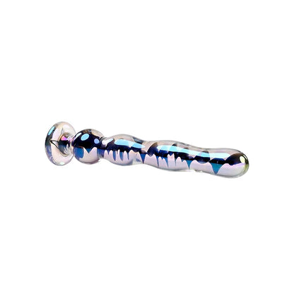 Dildo de vidro Playboy Pleasure Jewels Wand com textura graduada, acabamento iridescente e base Rabbit Head para segurança e sofisticação no prazer.