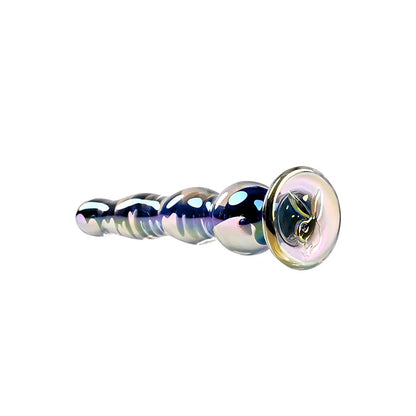 Dildo de vidro Playboy Pleasure Jewels Wand com textura graduada, acabamento iridescente e base Rabbit Head para segurança e sofisticação no prazer.