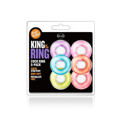 Conjunto King of the Ring com 6 anéis penianos elásticos, duráveis e confortáveis, projetados para prolongar e intensificar o prazer.