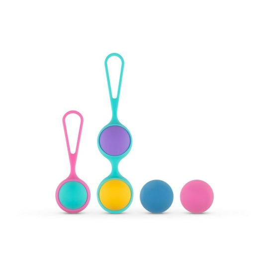 Kit Vita com bolas de Kegel coloridas, 5 pesos intercambiáveis e 2 suportes ergonómicos em silicone premium.