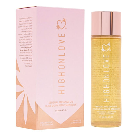 Frasco do Óleo de Massagem HighOnLove® com fragrância sensual de morango e champanhe.