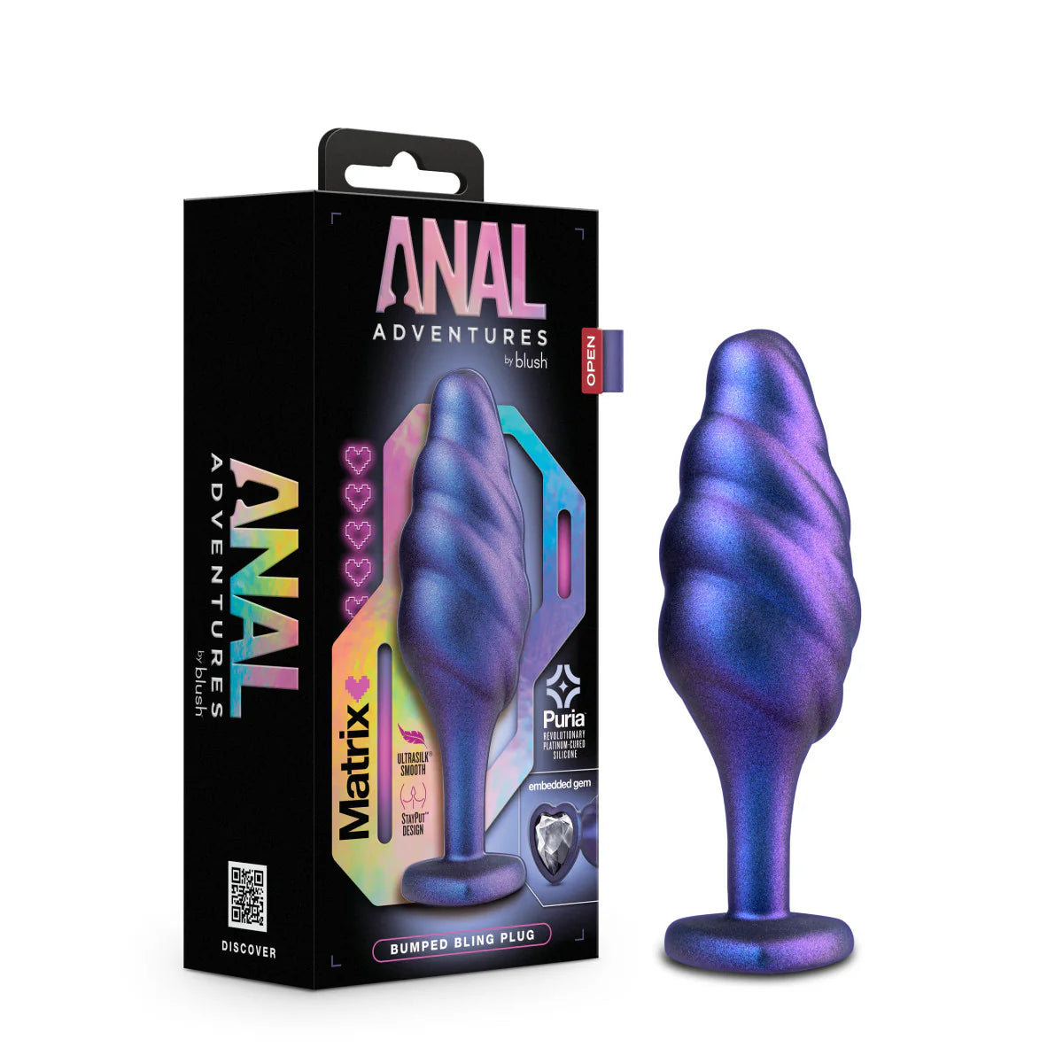 Plug anal Anal Adventures Matrix Bumped Bling com textura ondulada, base em forma de coração com jóia azul e tecnologia StayPut™ para um encaixe seguro e confortável.