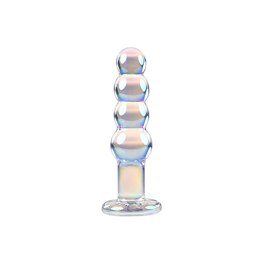 Plug anal de vidro Playboy Pleasure Jewels Beads com esferas graduais para estimulação progressiva, acabamento iridescente e vidro borossilicato compatível com variações térmicas.