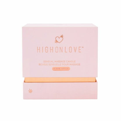Vela de massagem HighOnLove® em recipiente elegante, com óleo de cânhamo e aroma de rosa.