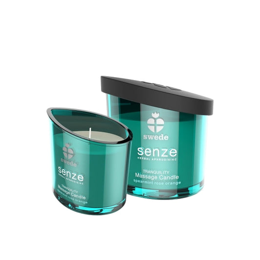 Vela de massagem Tranquility em recipiente elegante, com aroma de menta, rosa e laranja.