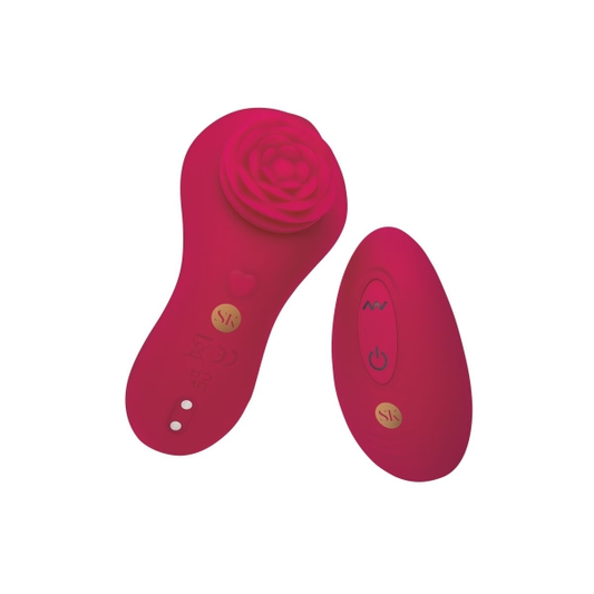 Vibrador Secret Kisses RoseGasm Rouge com fixação magnética, controle remoto sem fio e 10 modos de vibração.
